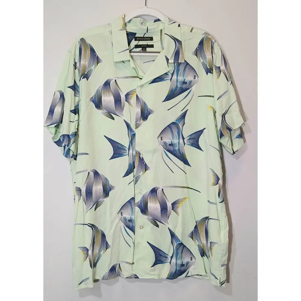 Banana republic mens xl fish shirt short sleeve 100% viscose green blue casual